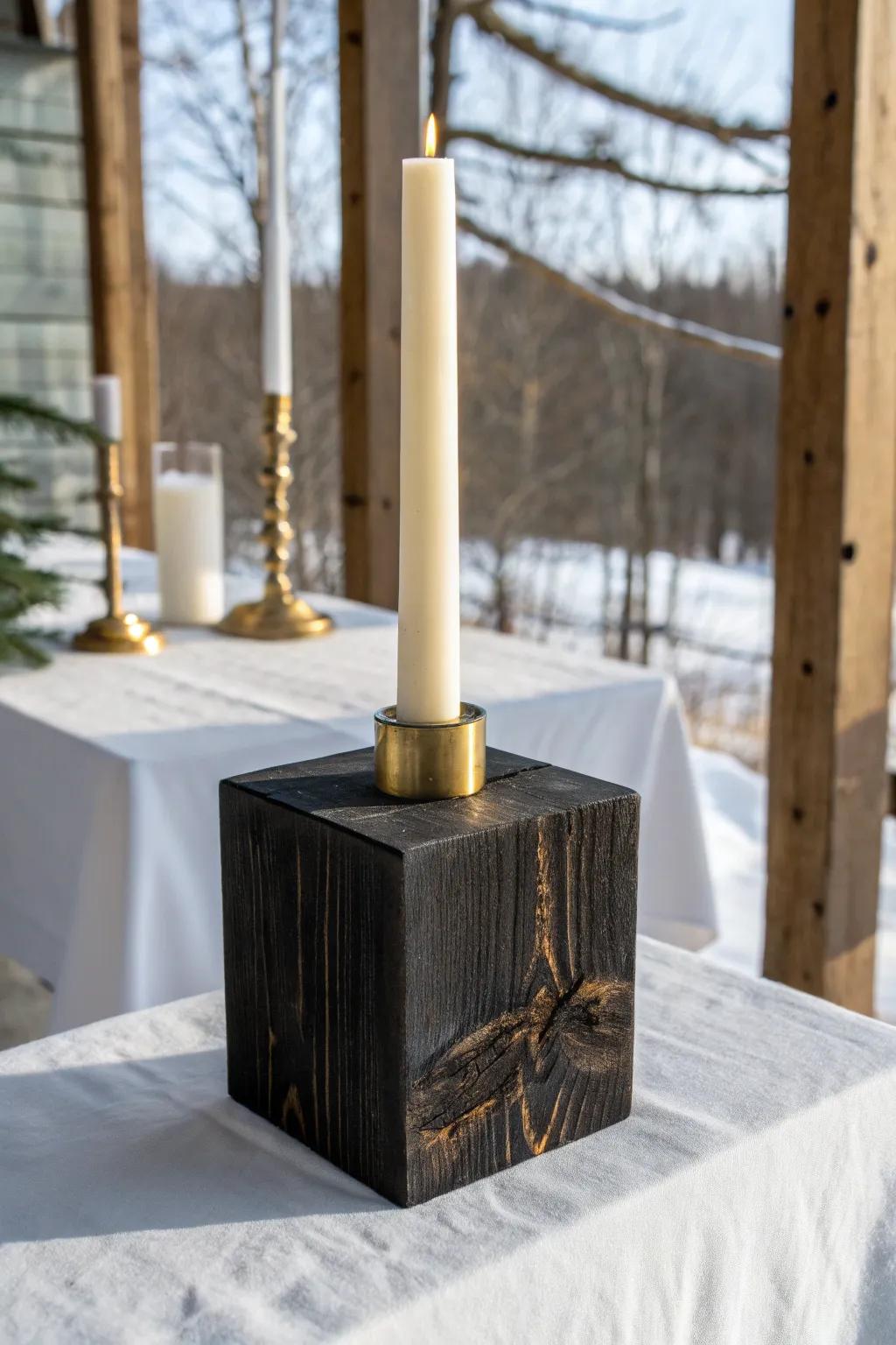 Charred wood riser + brass candlelight: a moody winter contrast that still feels clean.