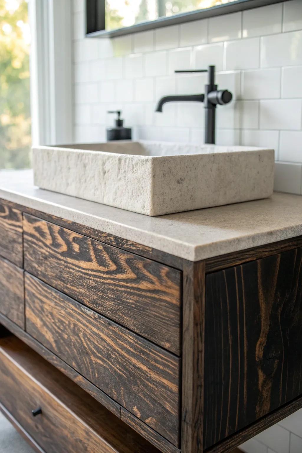 Charred-look wood meets bright stone tile—bold contrast with calm Scandinavian warmth.