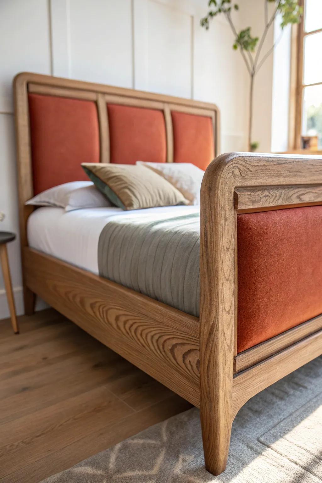Light oak bed frame with a rust-velvet inset headboard—minimal, cozy, and craft-forward.