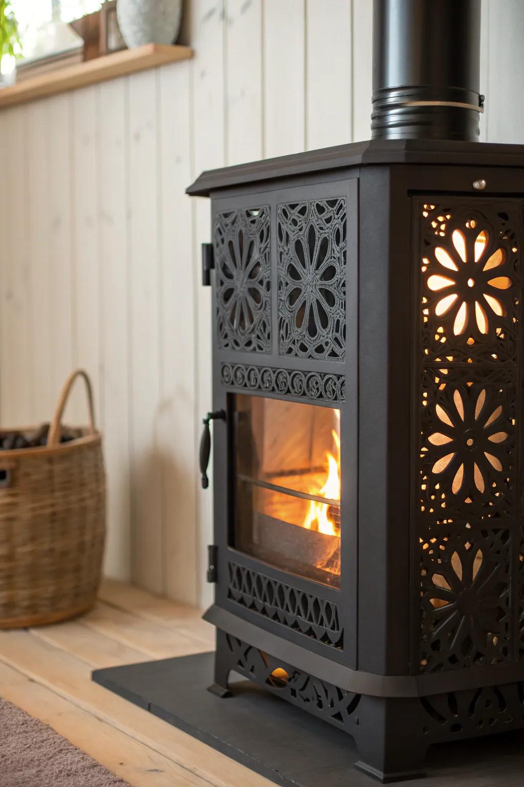 Pattern-cut metal heat shield turns your stove corner into living art with firelit shadows.