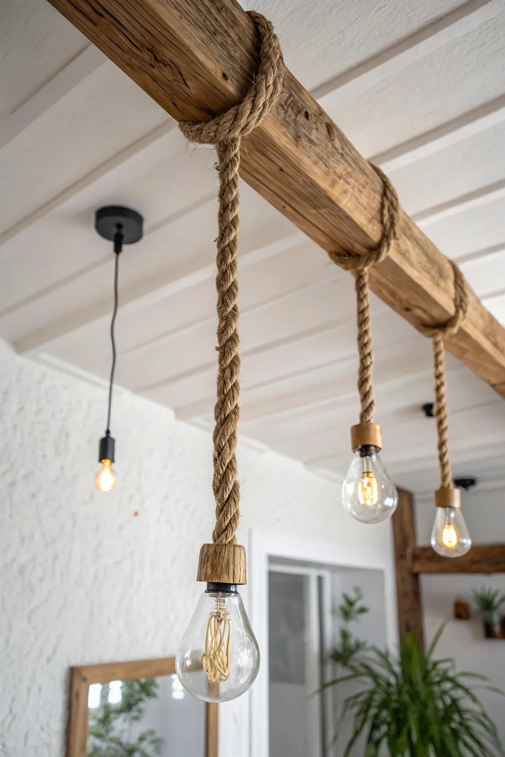 Rope-drop bulbs over a wood beam: cozy, DIY-friendly lighting with warm Scandinavian charm.