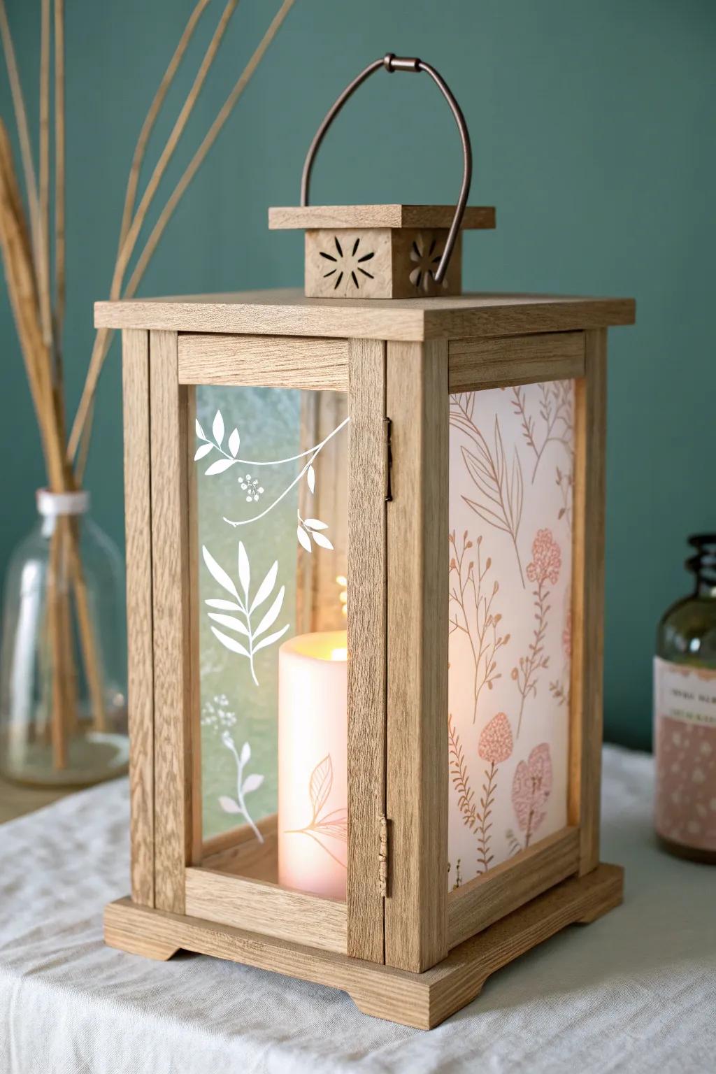 A glowing wood lantern panel—translucent decoupage turns paper patterns into warm light.