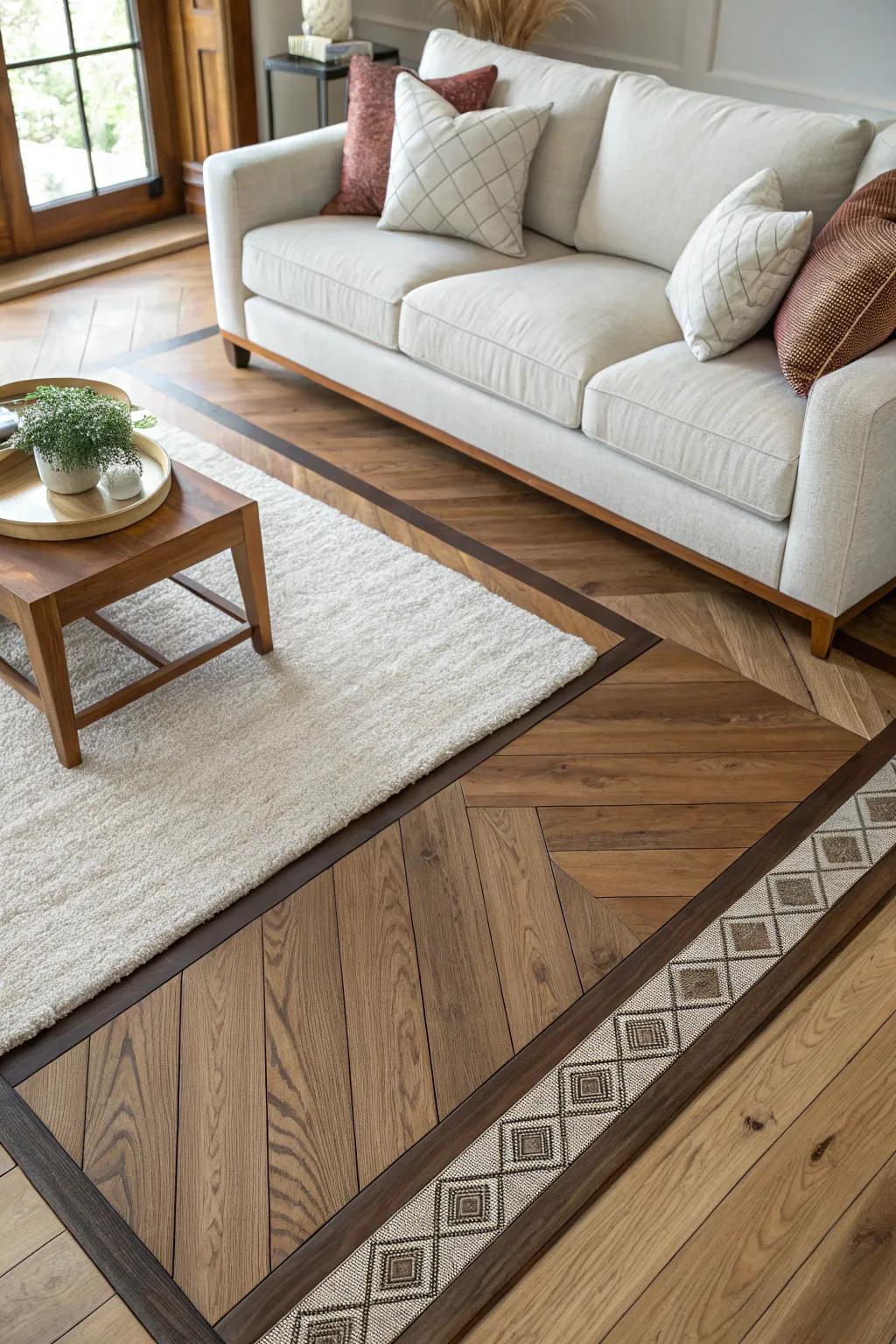 A darker wood border inlay frames the seating zone like a built-in rug—subtle, custom, chic.