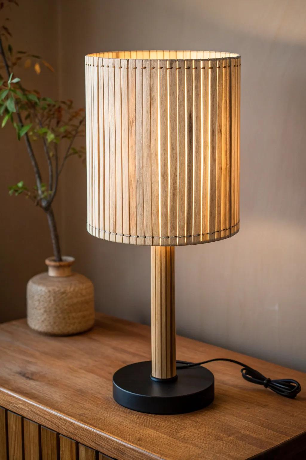 Kerf-cut wood shade: Scandinavian curves, bold contrast, and a warm handcrafted glow.