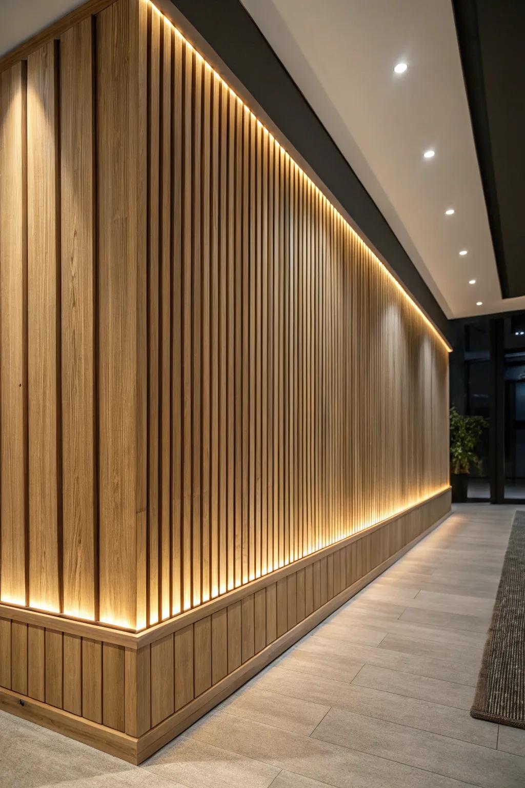 Light oak slat panels with hidden LEDs—soft backlit glow for a calm, custom office wall.