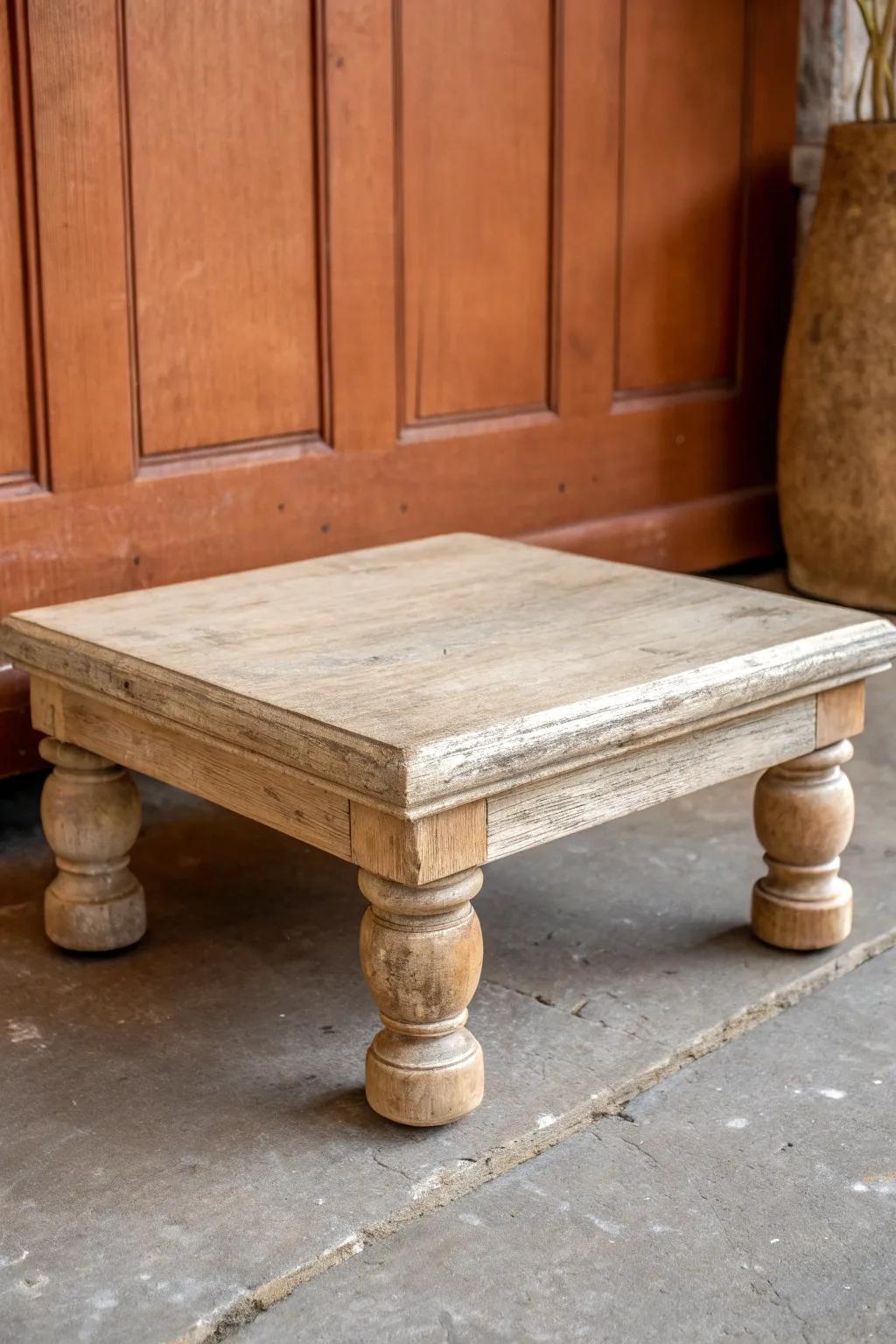 Chunky turned-leg wood riser with a soft distressed wash—instant farmhouse charm.