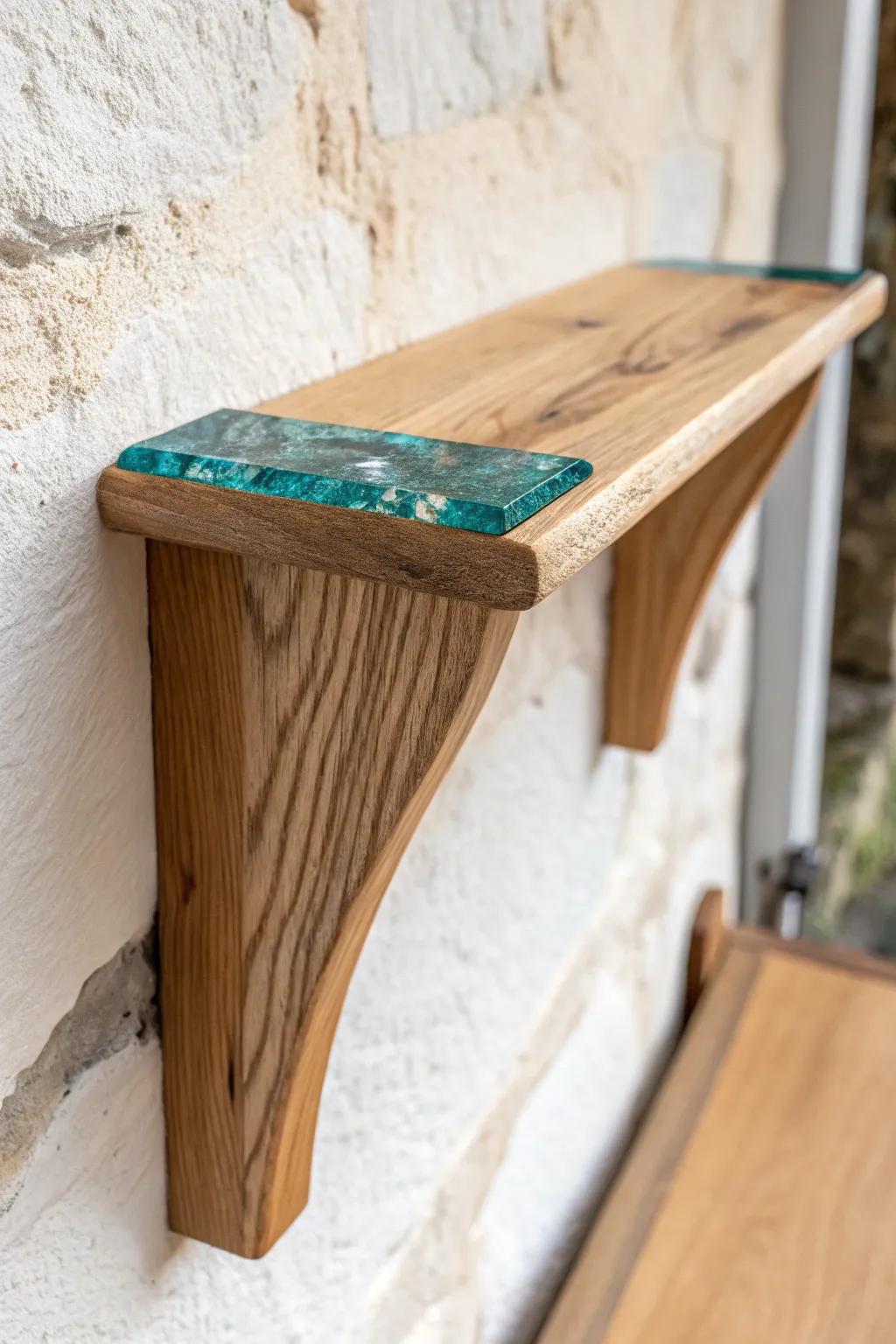 Minimal oak bracket with a teal resin inlay—simple lines, bold contrast, artisan wow-factor.