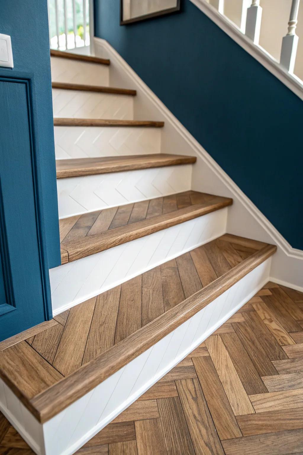 Herringbone risers turn plain stairs into custom millwork—warm wood, crisp Scandinavian contrast.