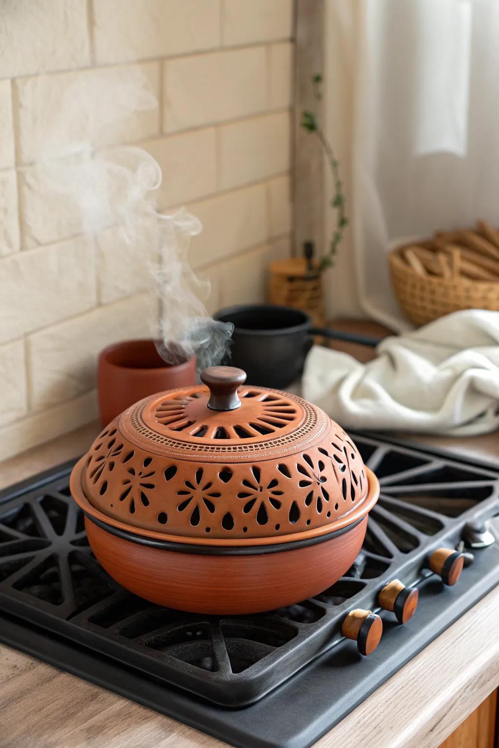 A terracotta lattice‑lid steamer that releases dreamy steam while styling your hearth.