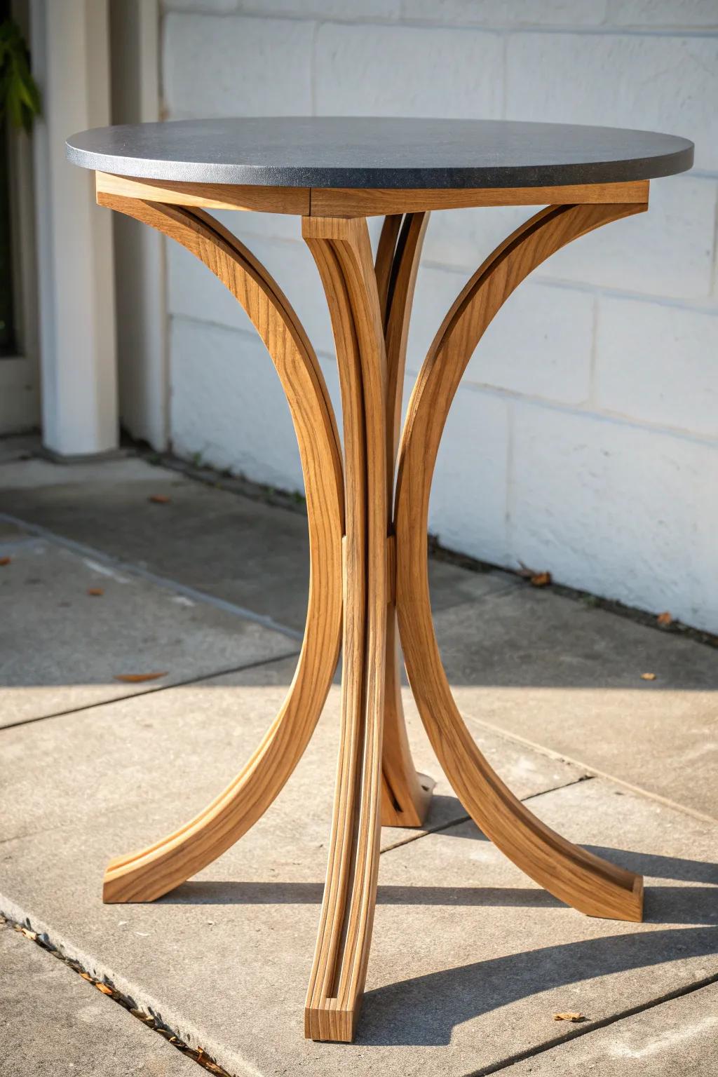 Bent lamination arcs turn a simple table base into sculptural, lightweight strength.