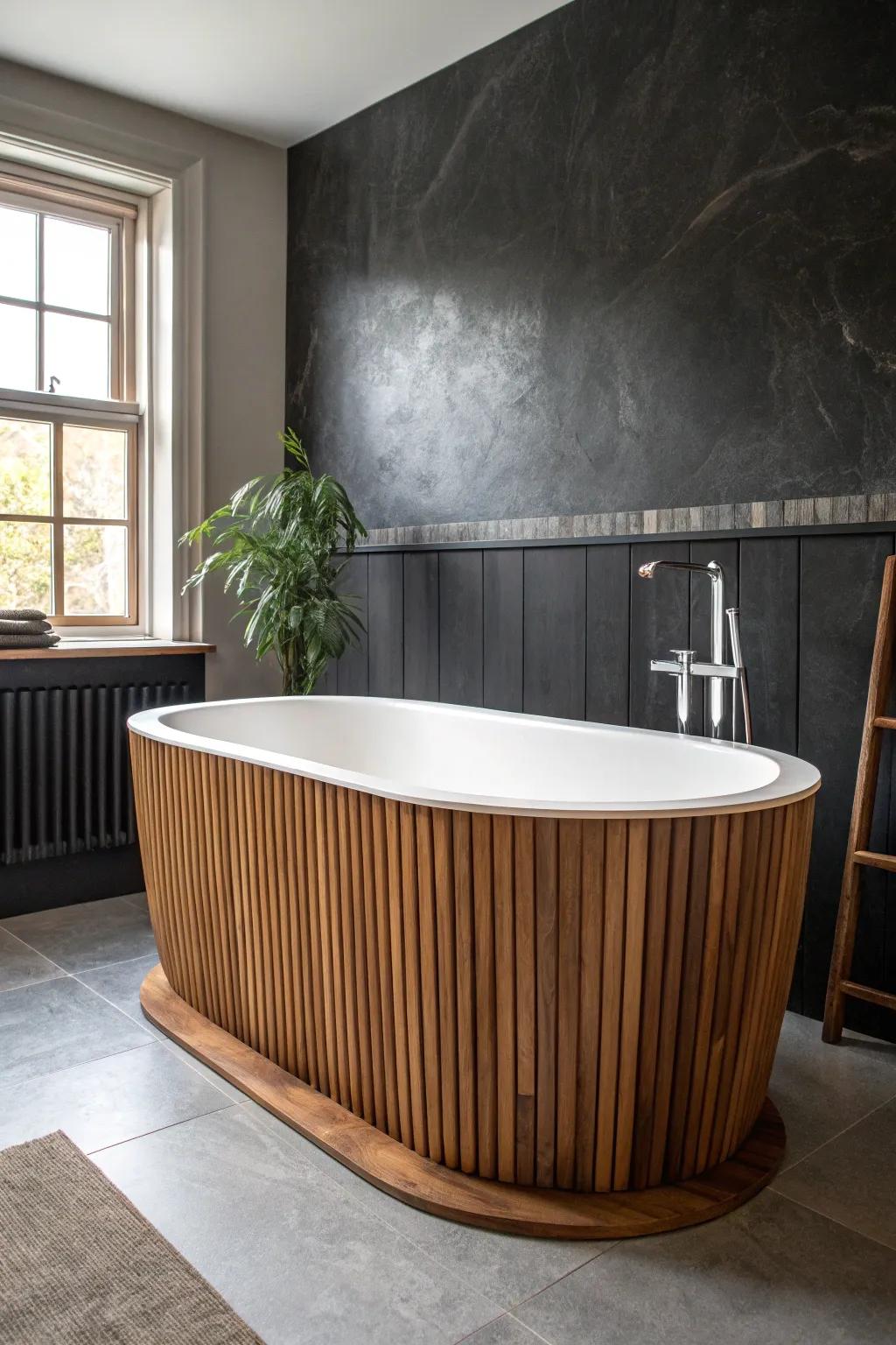 Warm walnut tub surround glowing against moody charcoal walls—small bath, big luxe impact.