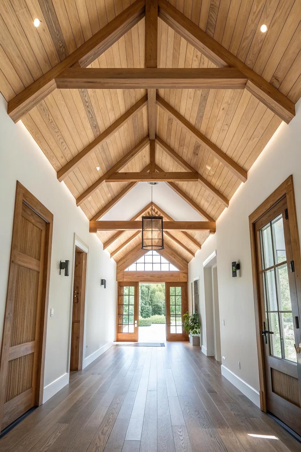 Directional oak beams in a bright entryway vault—clean lines that guide you into the home.