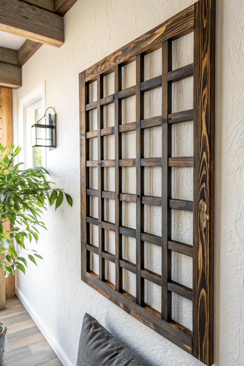 Moody shou sugi ban grid panel—bold black texture and glowing grain in minimalist style.