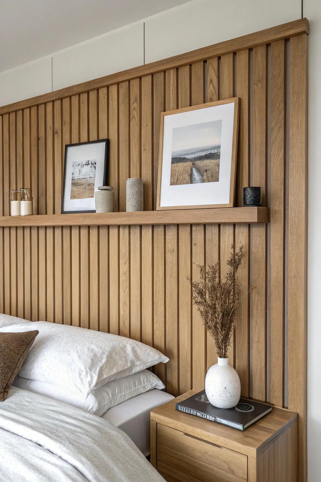 A warm oak headboard wall with built-in ledges—styled, cozy, and clutter-free.