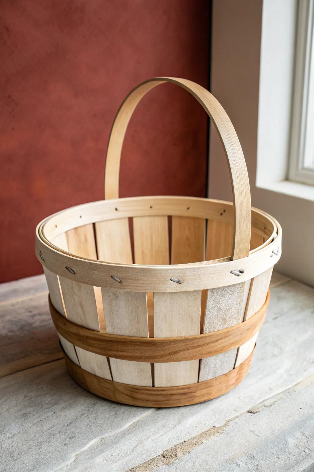 Two-tone dipped paint turns a thrifted wooden basket into a modern, clean statement piece.