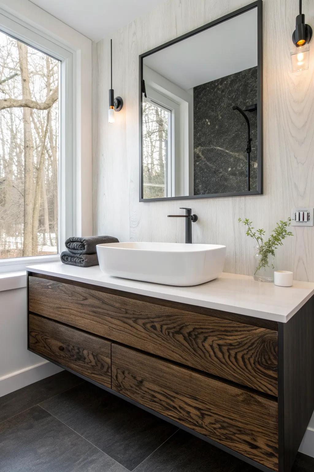 Moody charred-wood panel behind the vanity—dramatic contrast, sealed satin, and luxe texture.