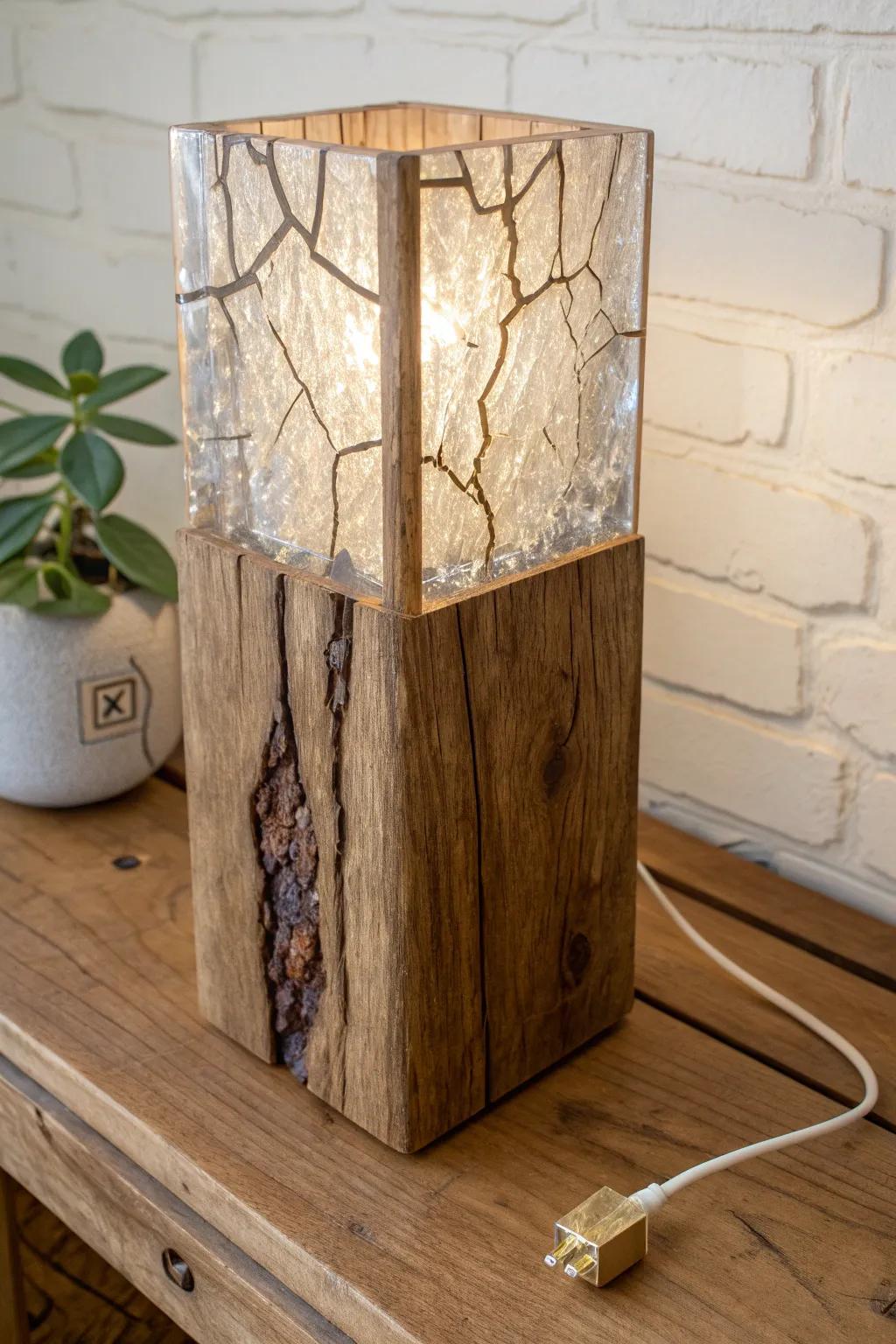 Walnut crack lamp with crystal-clear resin rivers—minimal, boho-soft, and strikingly luminous.
