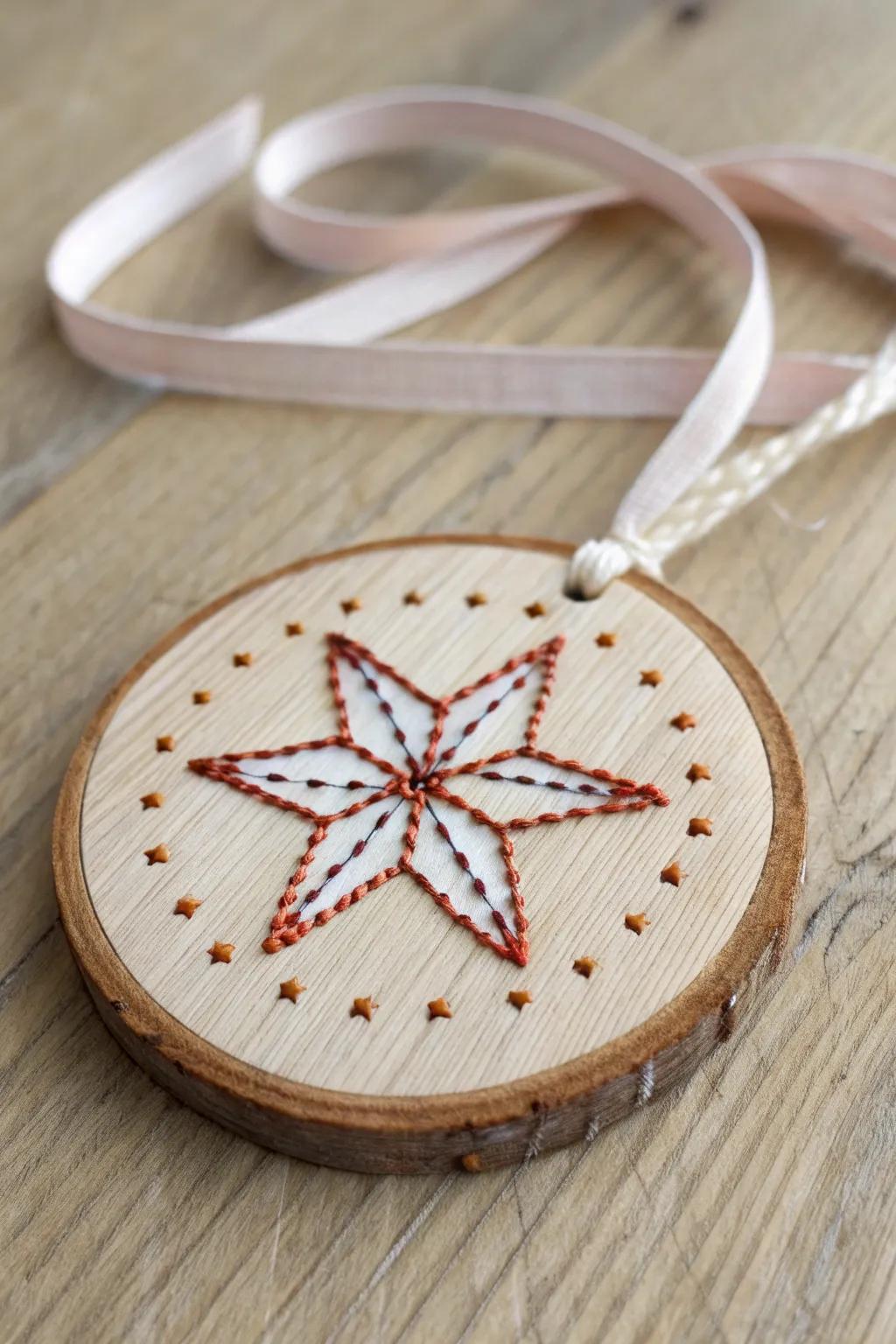 A drilled wooden ornament stitched with bold floss—Scandi-minimal, cozy, and striking.