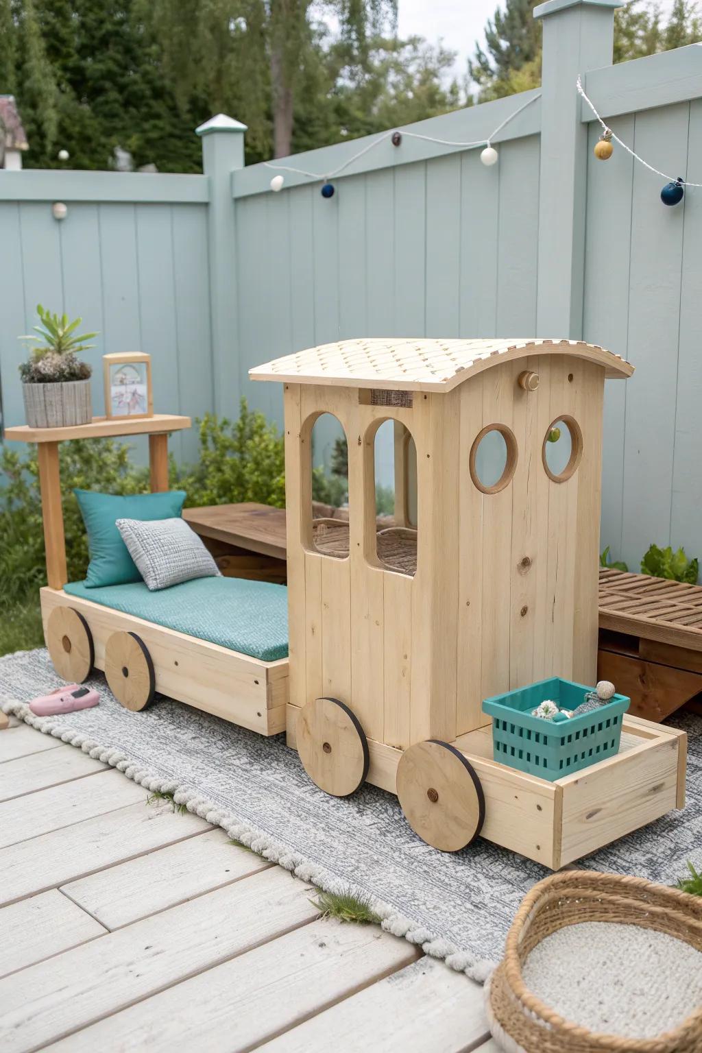 Mini wooden train platform: low, safe adventure with bold accents and beautiful craftsmanship.