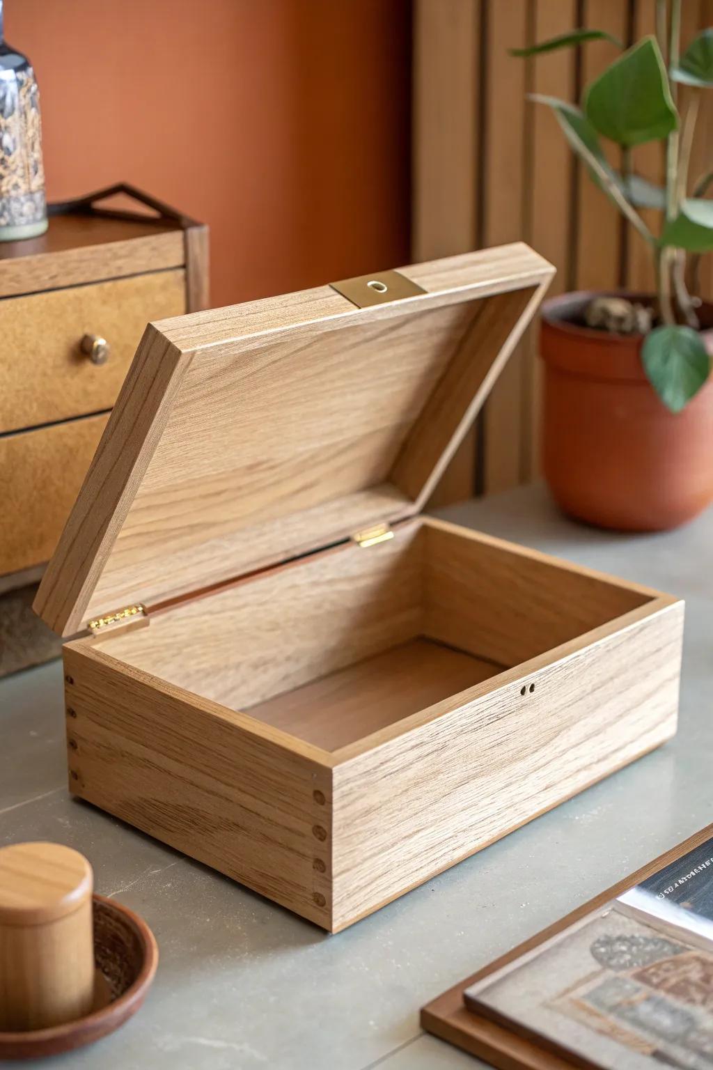 A sleek oak box with a hidden false bottom—lift the tray to reveal a secret compartment.