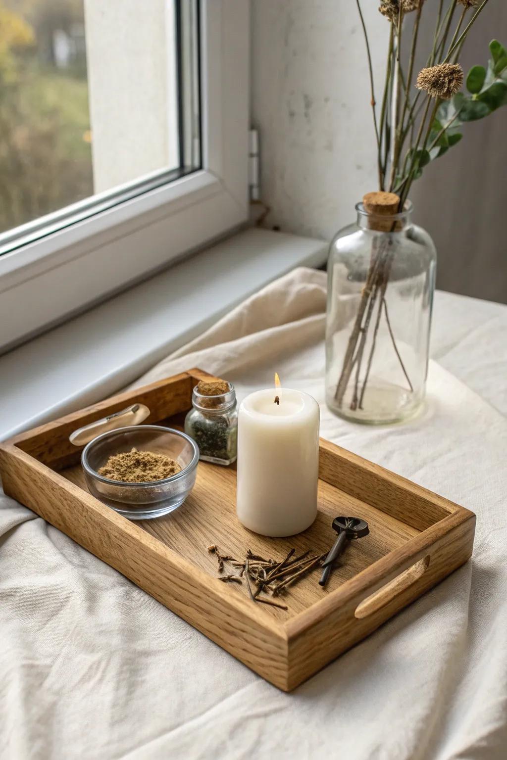 A curated oak tray with vintage brass finds, candlelight, and one stem—simple, storied, chic.