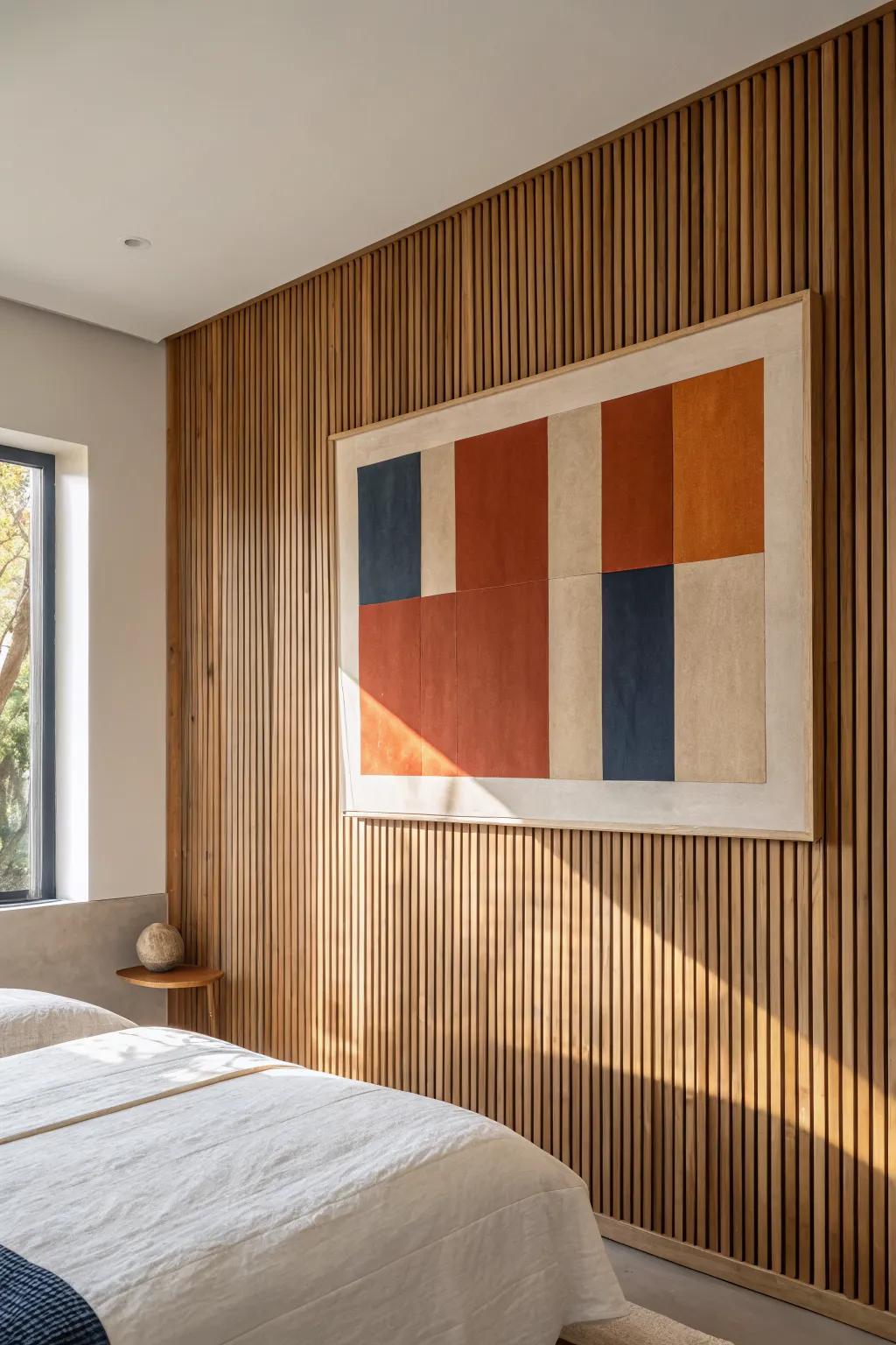 One bold canvas centered on warm wood panels—calm, crafted, and bedroom-ready minimalism.