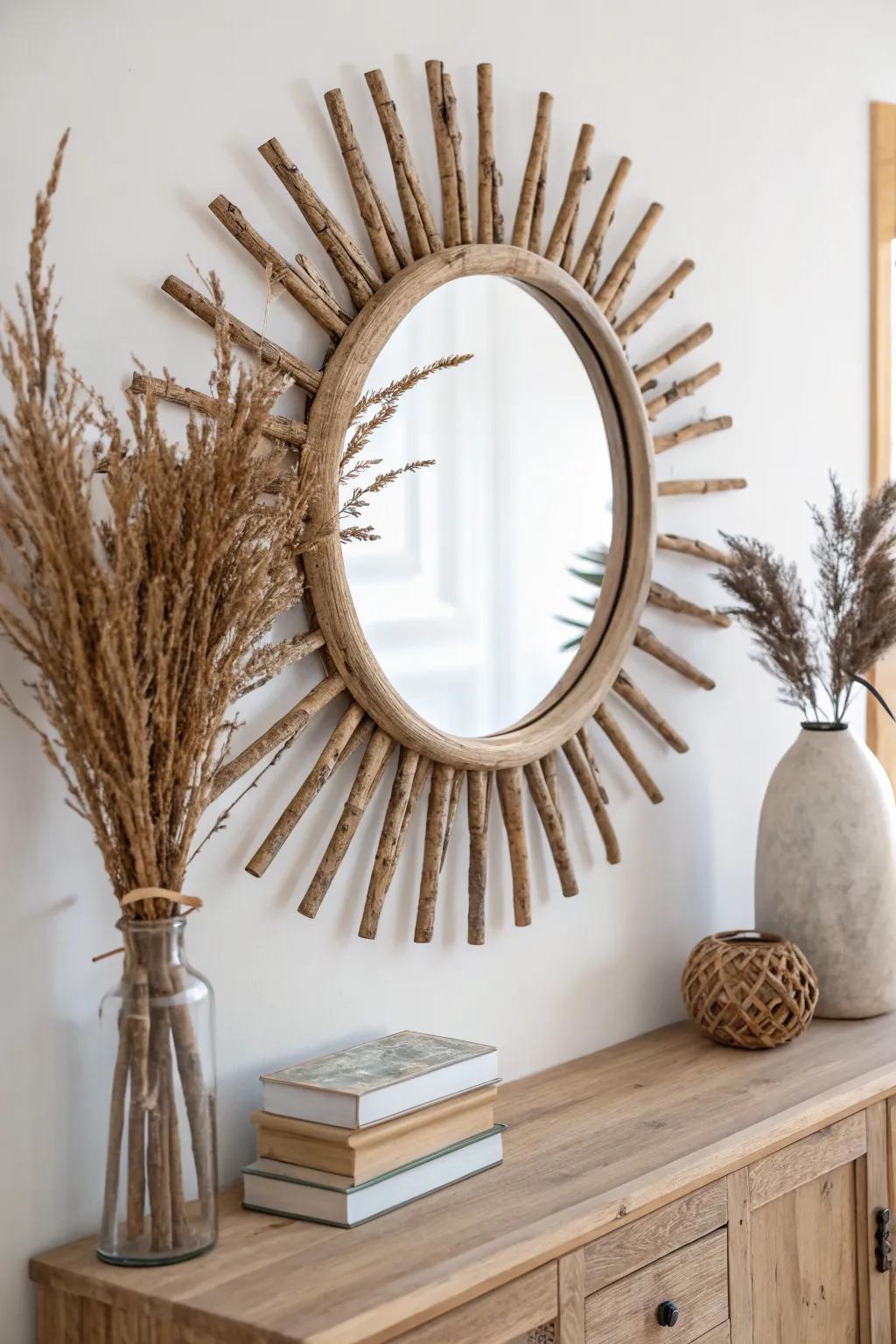Bark-edged twig mirror: a bold woodland statement that turns any hallway into a forest cabin.