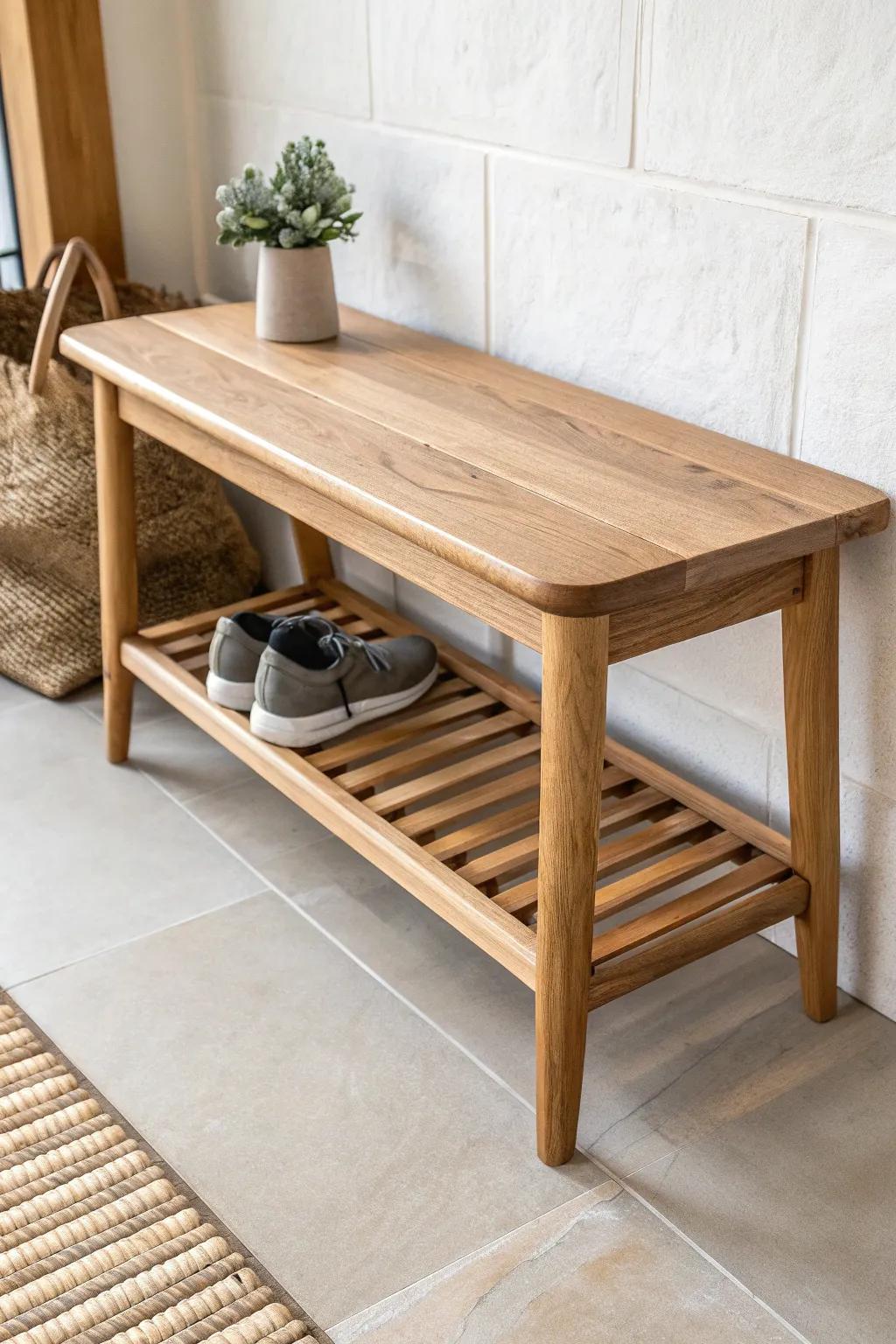 Build a thick-top entryway shoe bench with a slatted shelf—minimal, rustic, and chic.