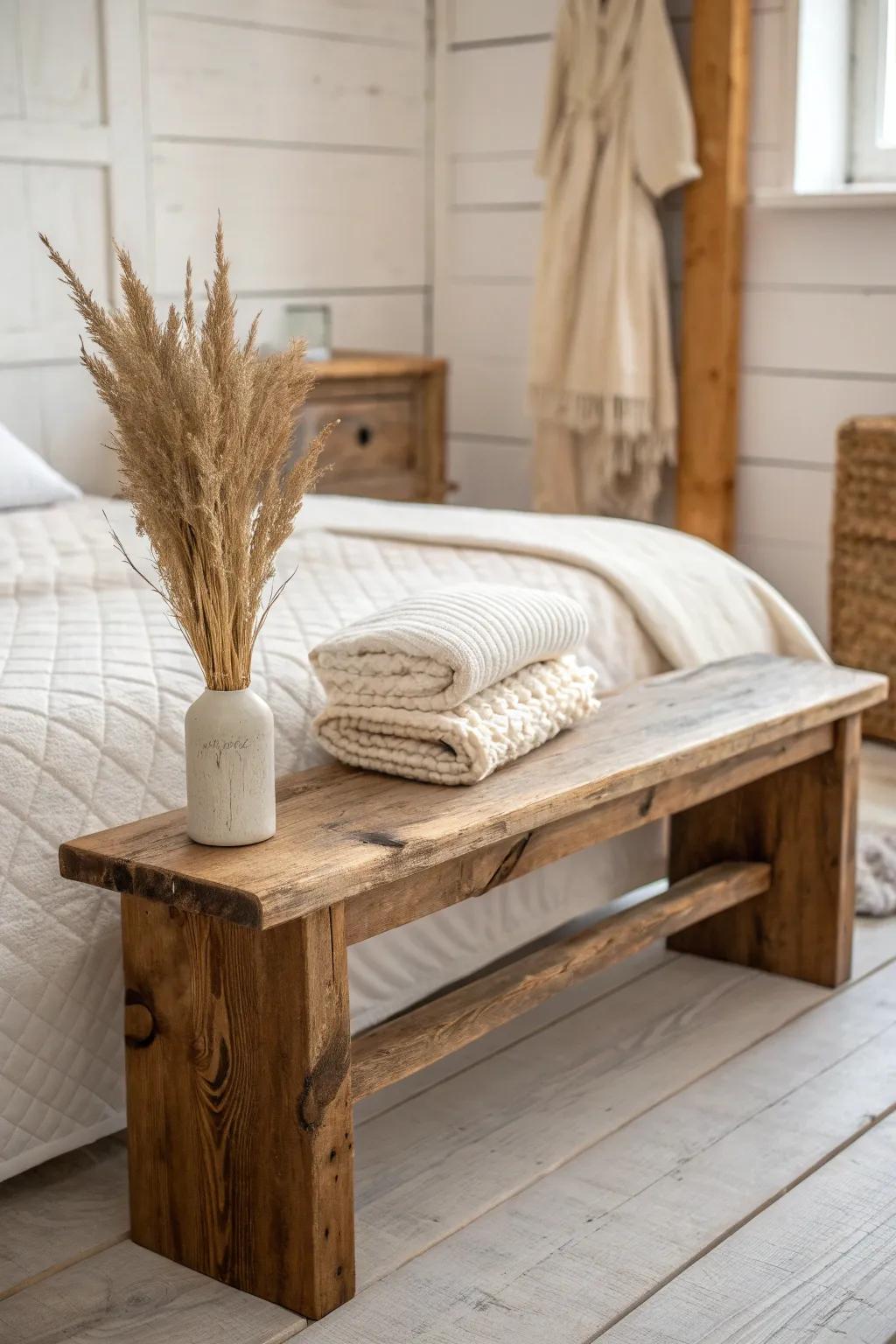 A reclaimed-wood bench at the bed’s foot adds cabin warmth and an easy landing spot.