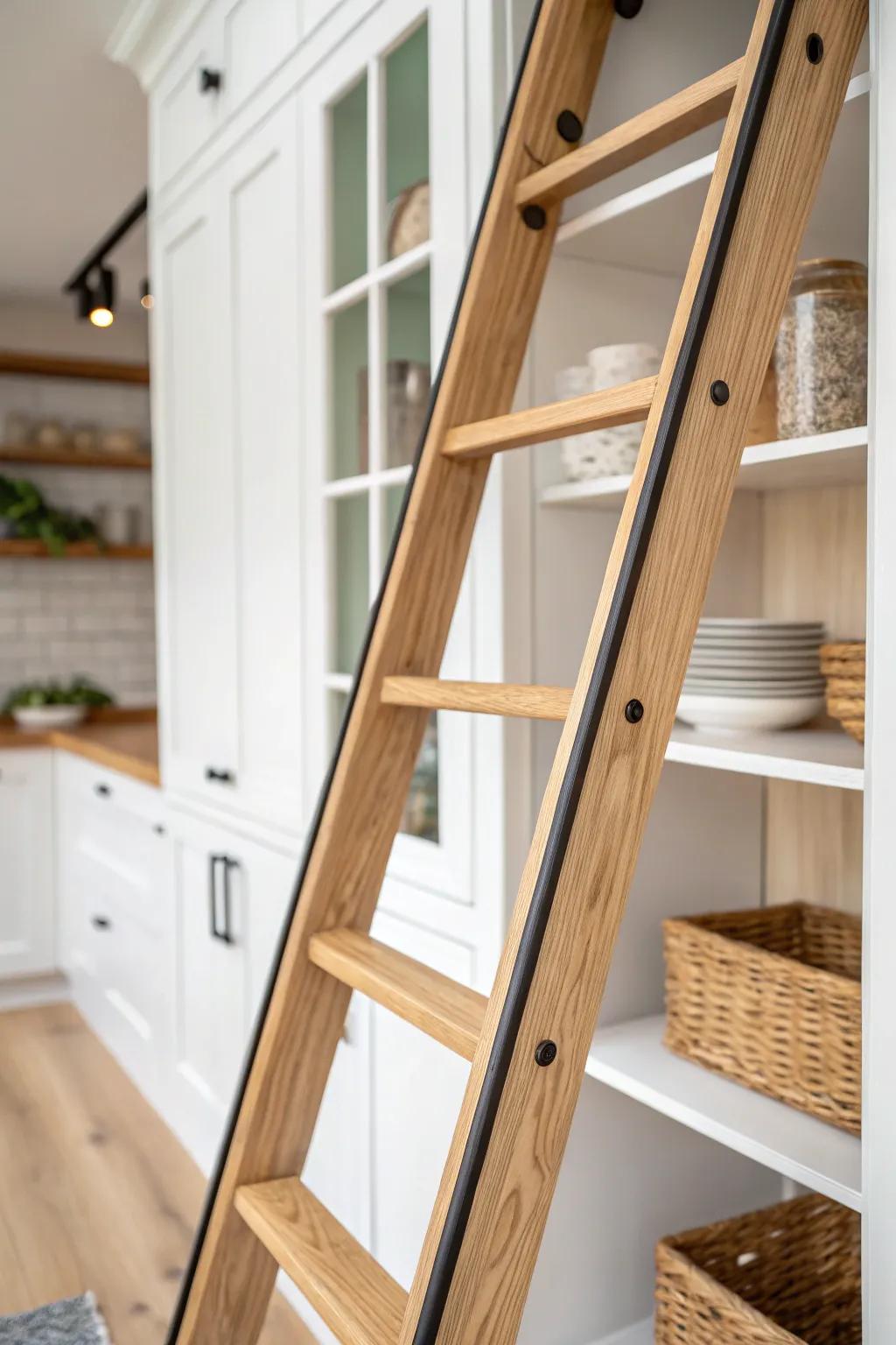 A handcrafted rolling ladder that turns tall pantry shelves into an effortless, elegant moment.