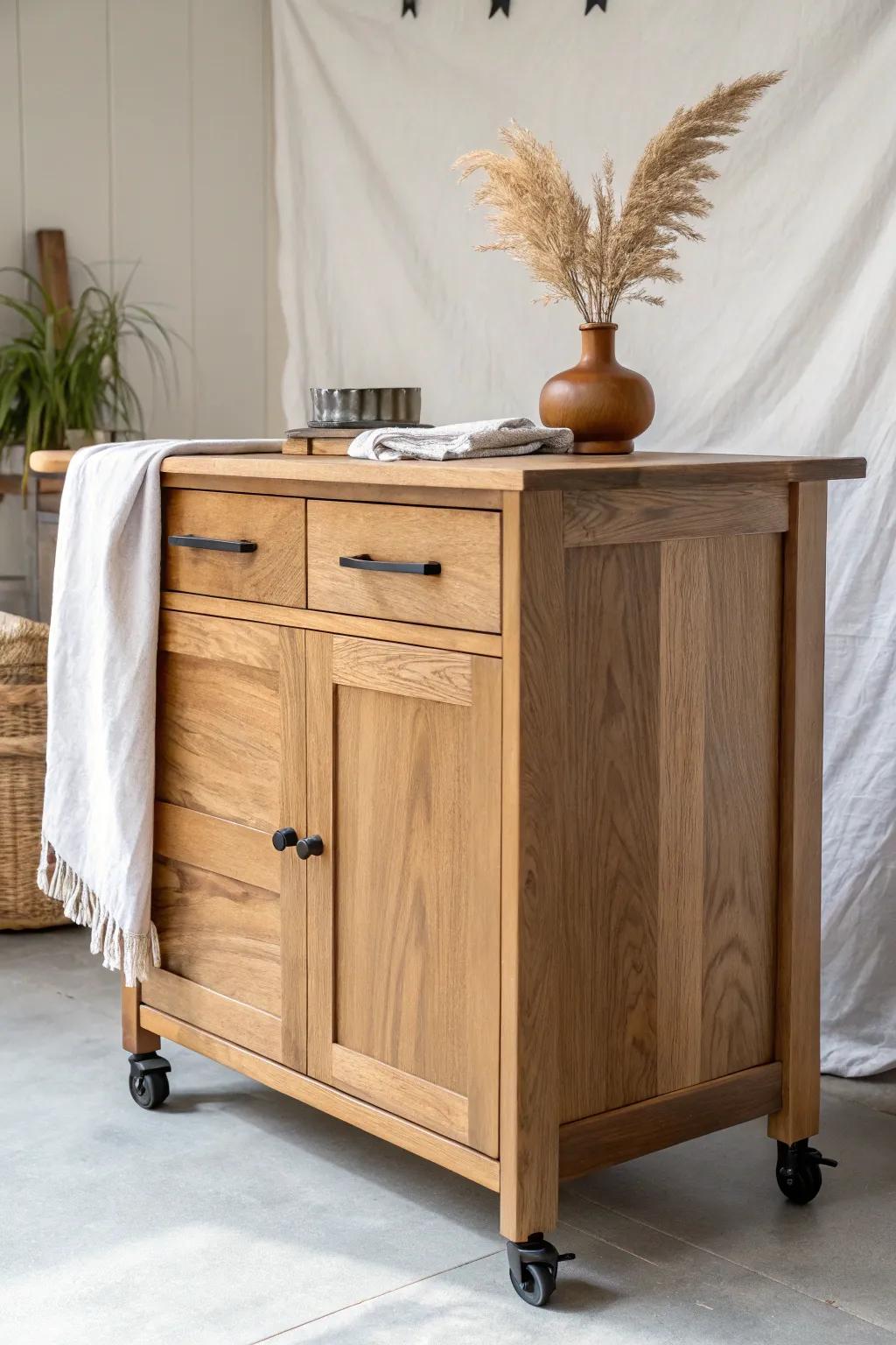 Rolling cabinet island with a fold-down leaf—mobile storage and extra assembly space in one.