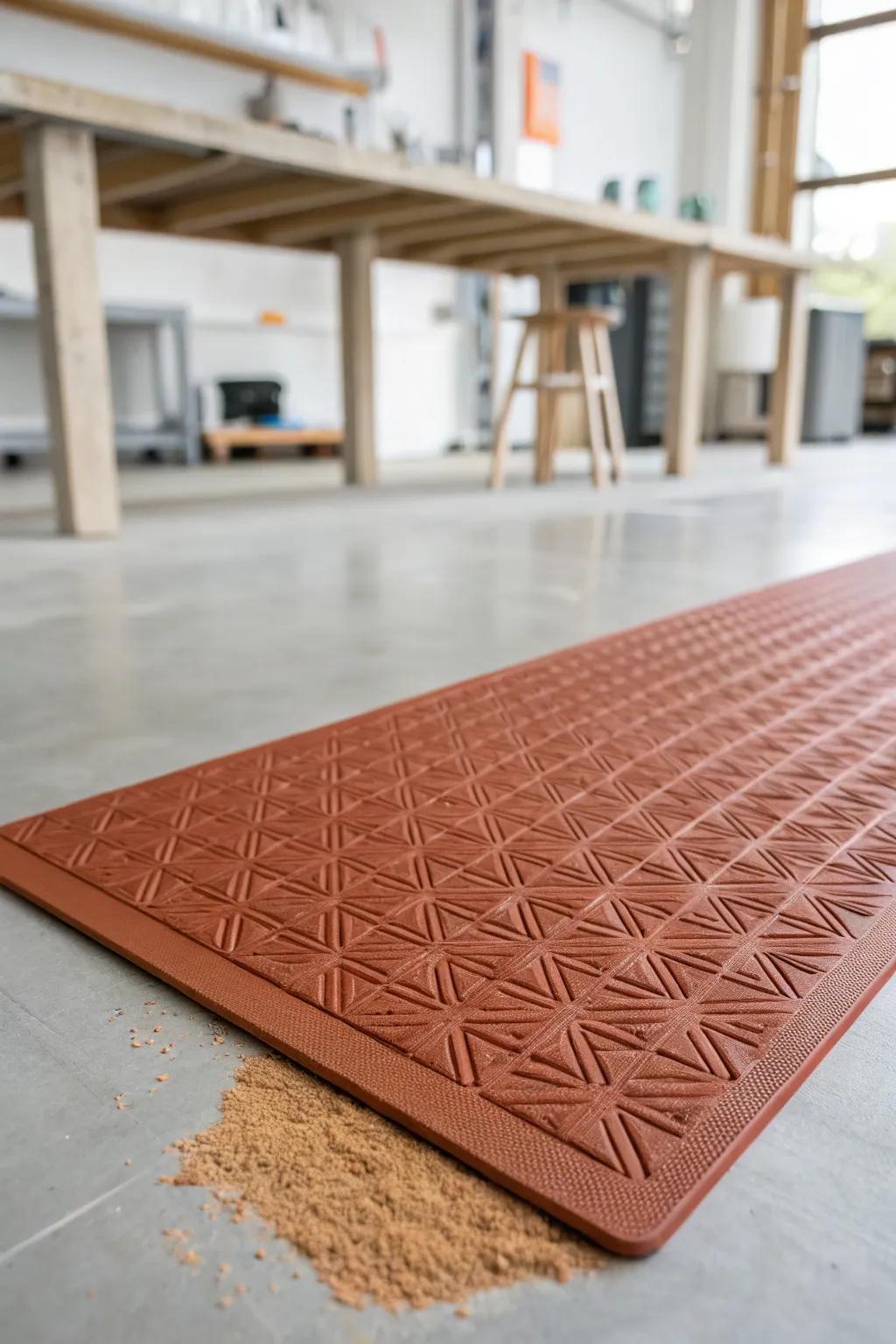 A bold anti-fatigue mat creates a clean-fast floor zone—comfy footing, quick sweep-up.