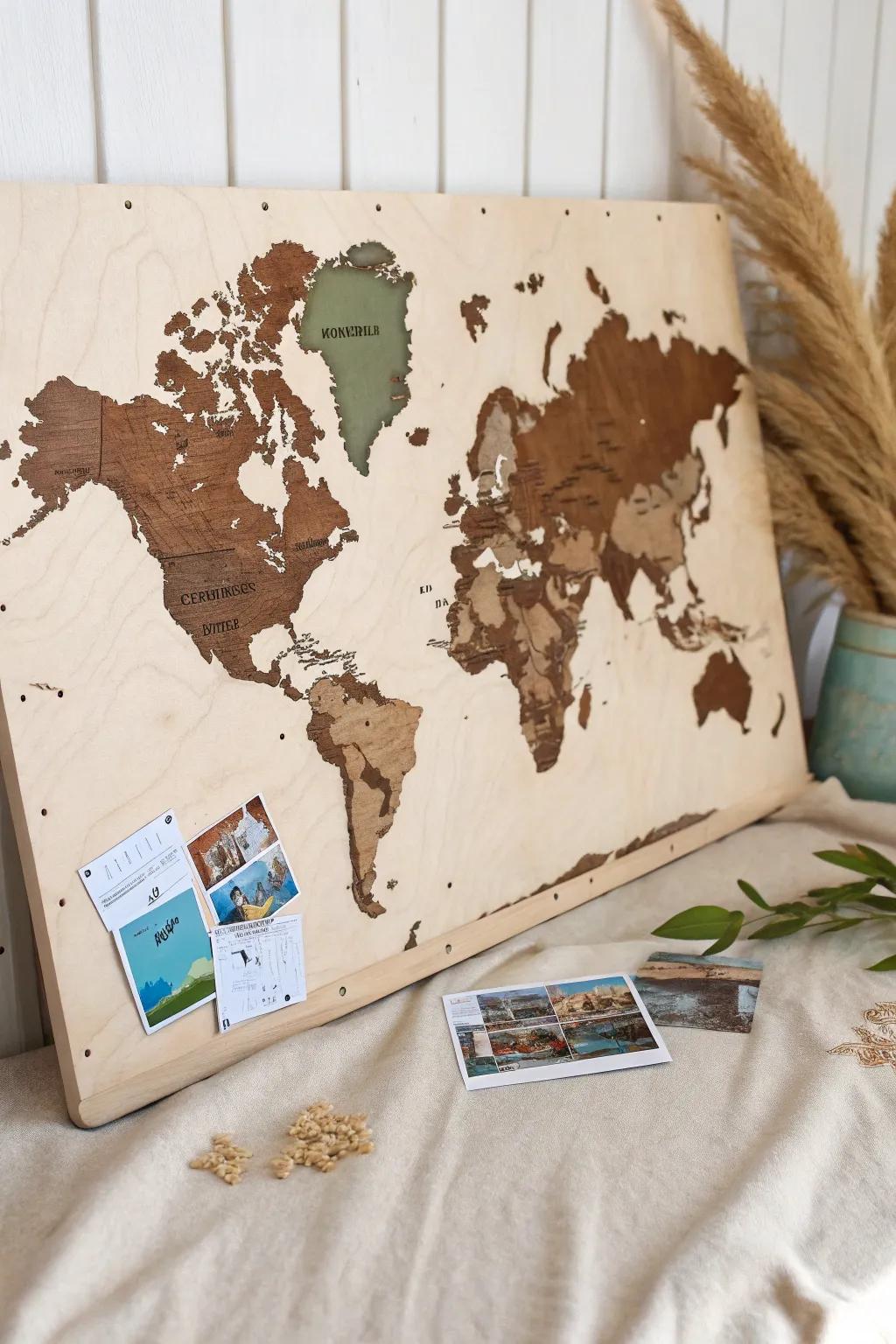 Flip-up wooden continents hide notes and photos—secret-compartment world map bulletin board.