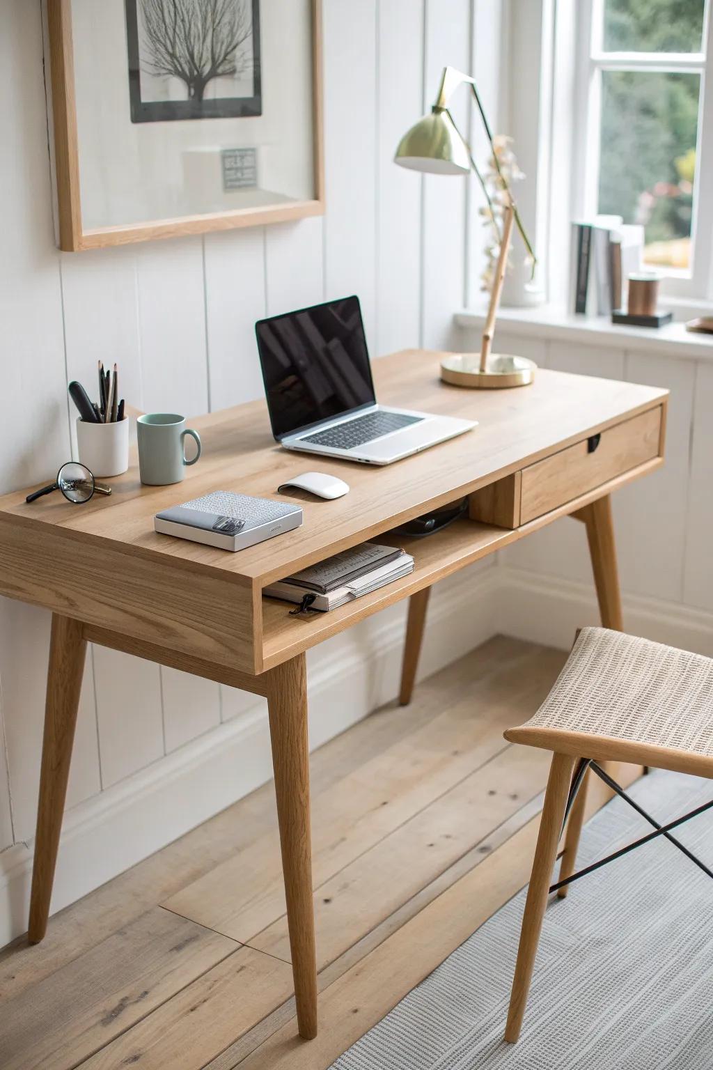 A calm oak writing desk with hidden cord channel and a sleek charging cubby—no cable clutter.