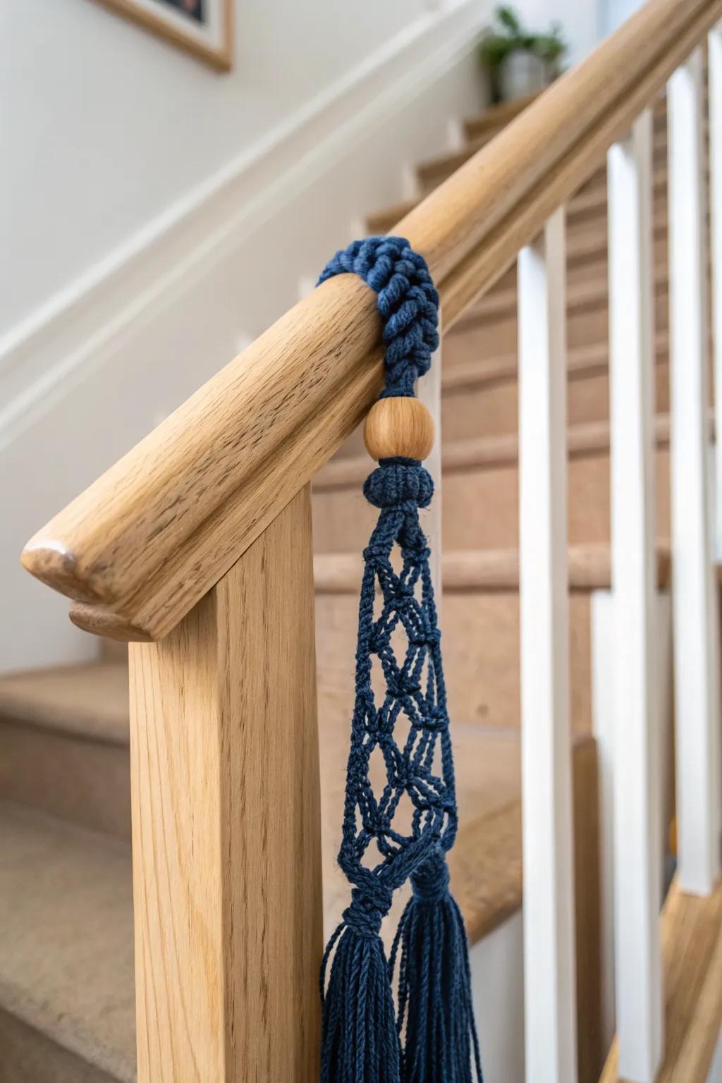 Soft macramé drops add year‑round cozy to a rustic handrail—minimal, warm, and handmade.