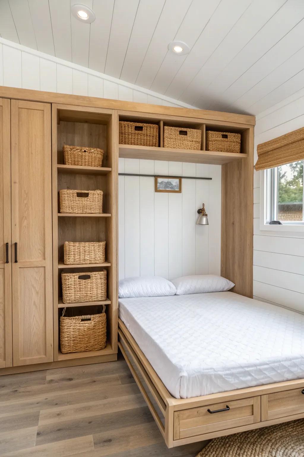 Wood-faced Murphy bed wall: Scandinavian calm with smart cubbies for a 12x32 tiny house.