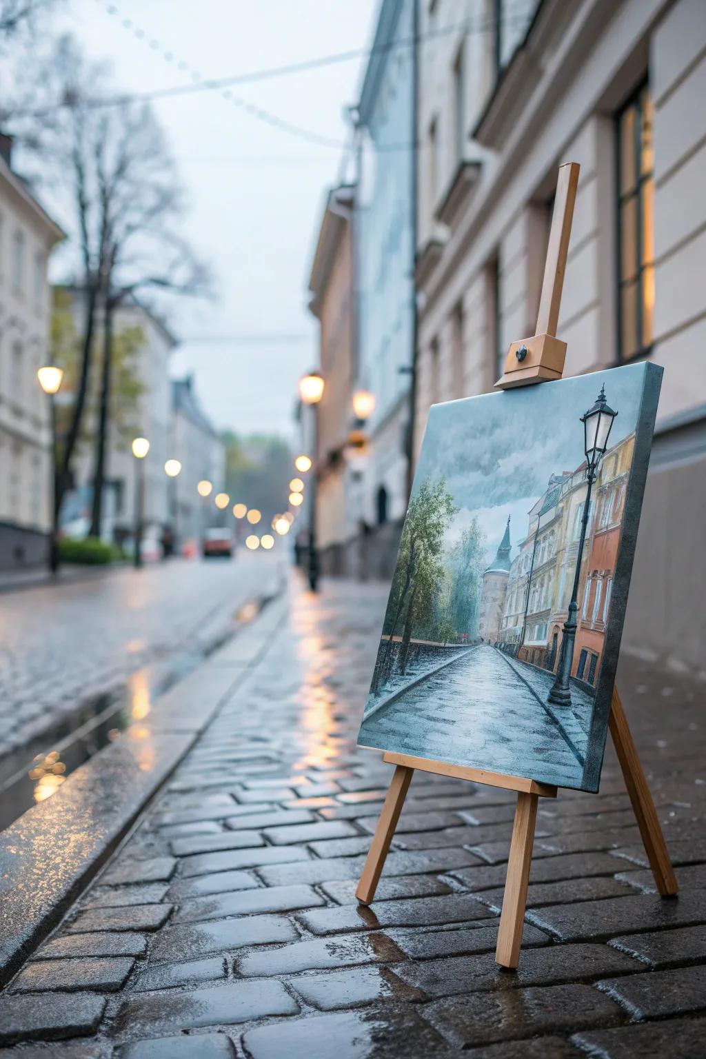 Embrace the elegance of rainy reflections with this serene canvas piece.