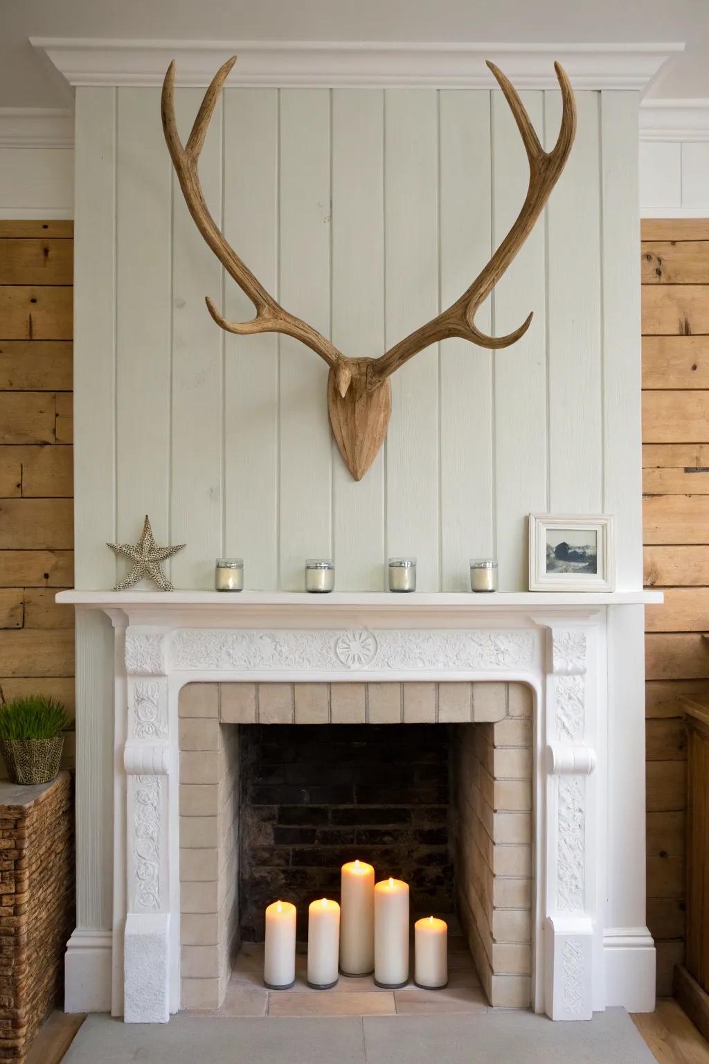 Antler-inspired wood art brings rustic cabin charm above the fireplace—bold, warm, and minimal.