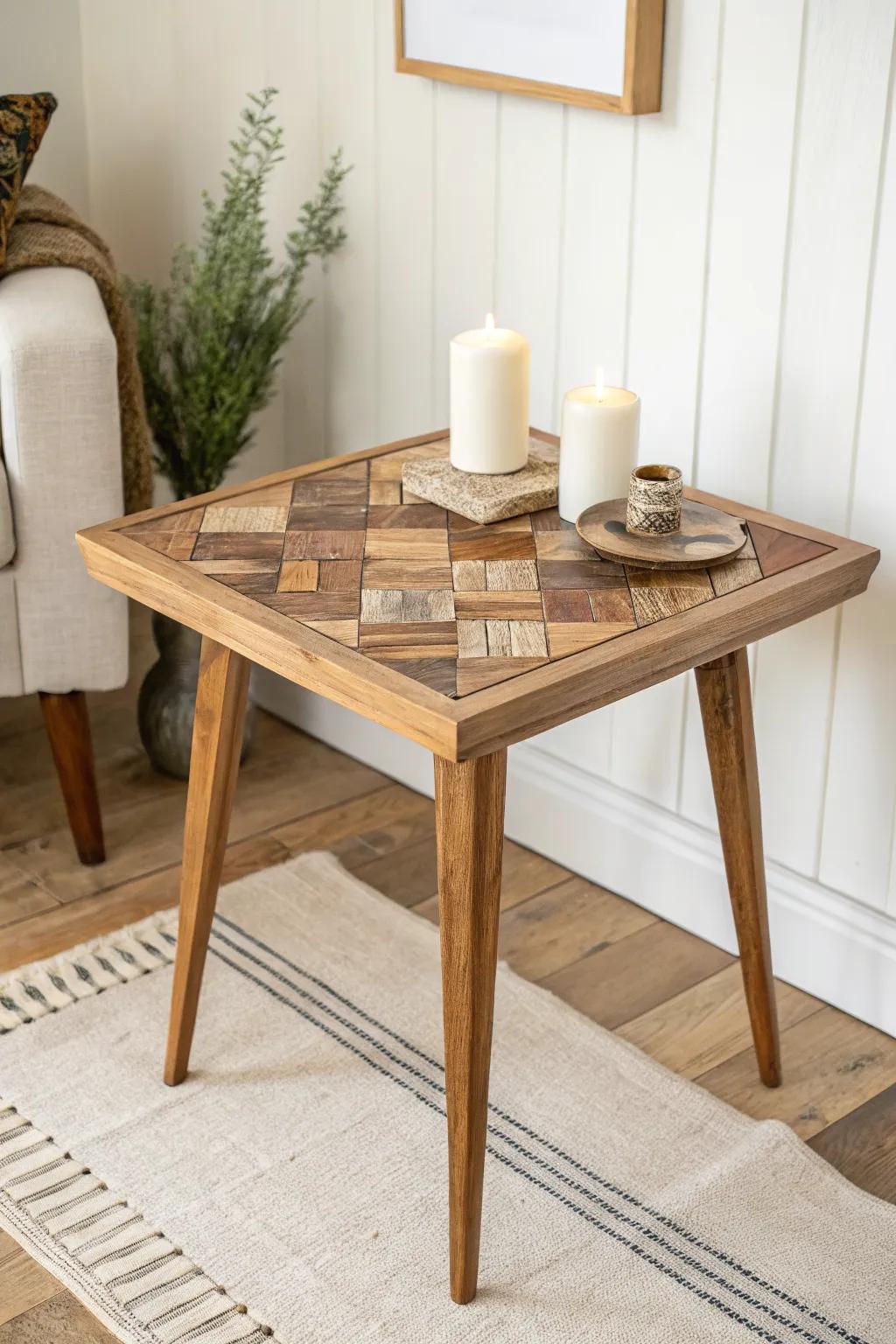 Scrapwood mosaic accent table—artful patchwork grain with calm styling and Scandinavian ease.