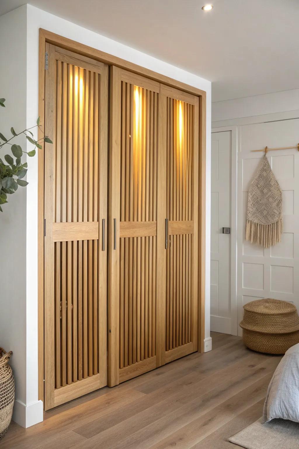 Accordion slat doors with hidden warm backlighting—storage that looks like a designer feature.