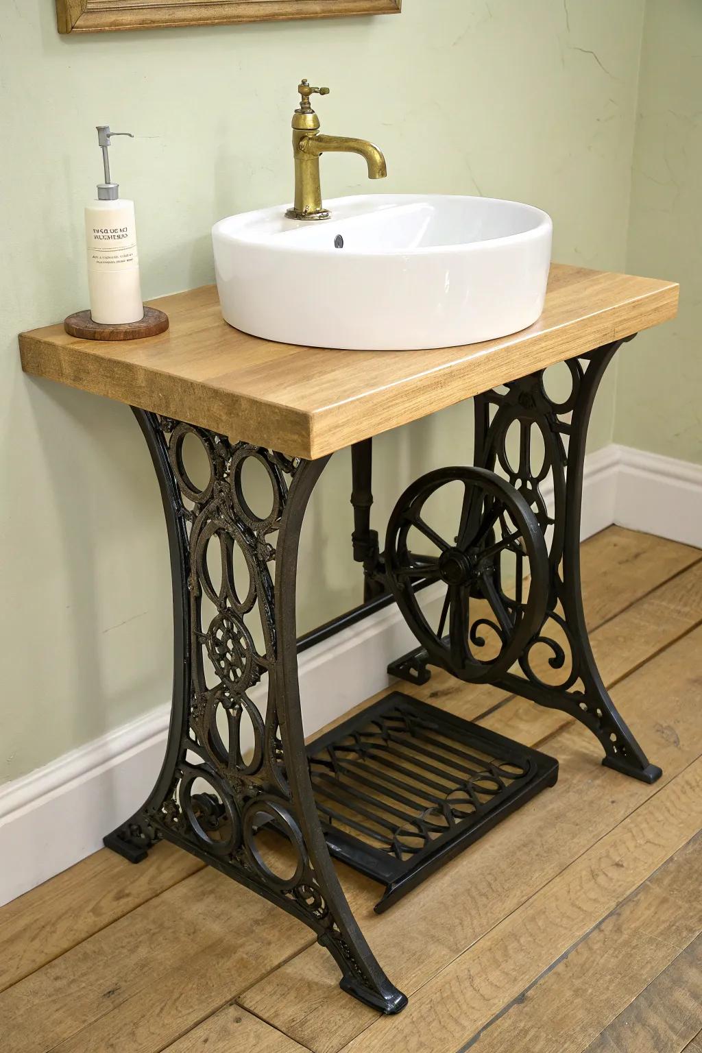 Turn a vintage sewing table base into a one-of-a-kind antique bathroom vanity with warmth + charm.