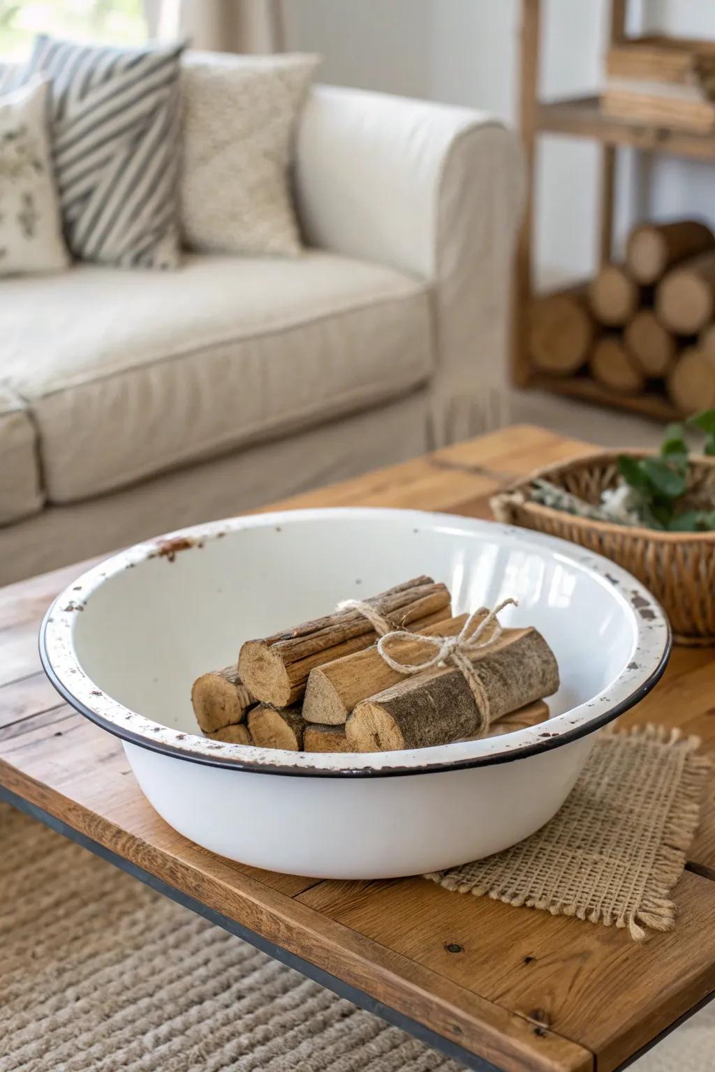 A vintage enamel basin catchall—crisp white against warm wood for cozy, rustic charm.