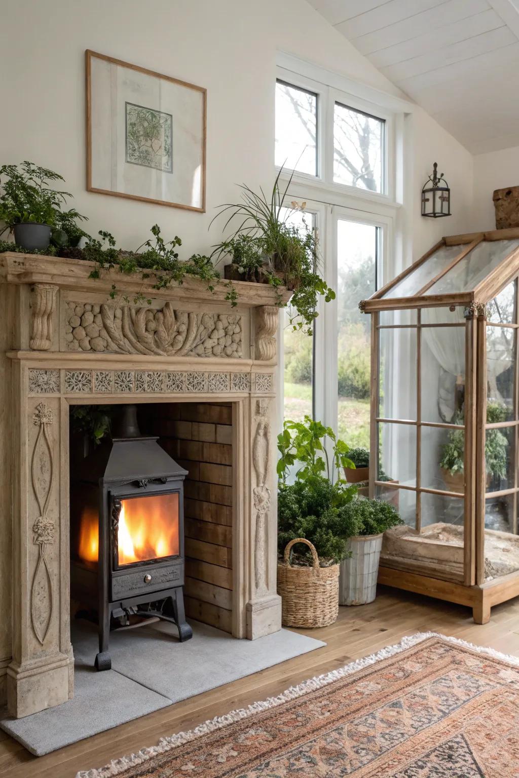 Turn your antique mantel firebox into a glass-front mini greenhouse—cozy glow, safe plants.
