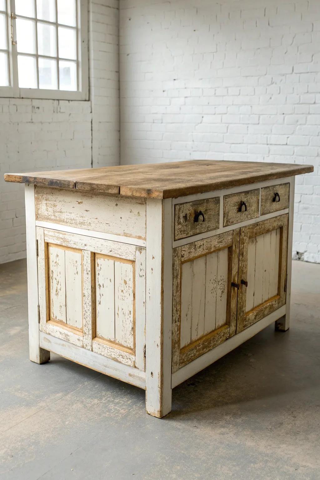 Salvaged door island top with amber epoxy—antique character, sealed smooth in a modern kitchen.