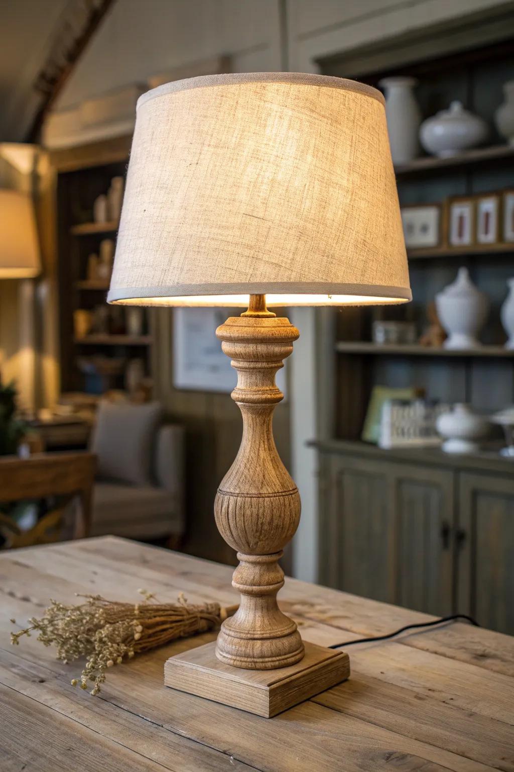 Warm table-lamp lighting makes an antique display feel cozy, curated, and premium.