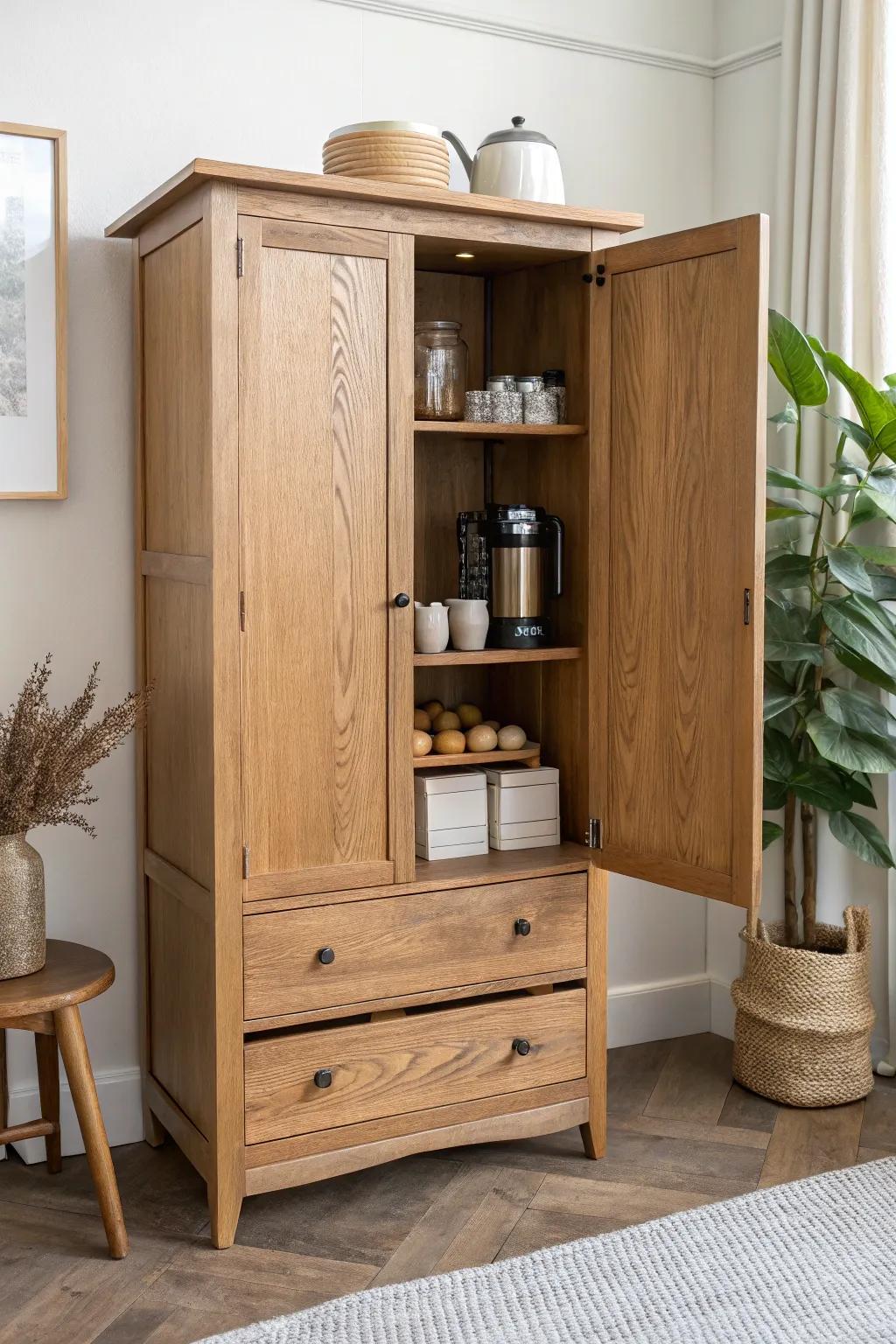 A hidden armoire coffee bar compartment—perfect for stashing filters and chocolate treats.