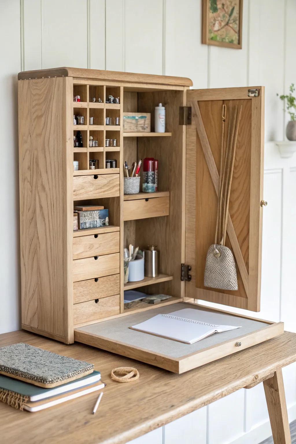 A drop-down oak door reveals a hidden supply wall—instant art-desk calm in one clean fold.