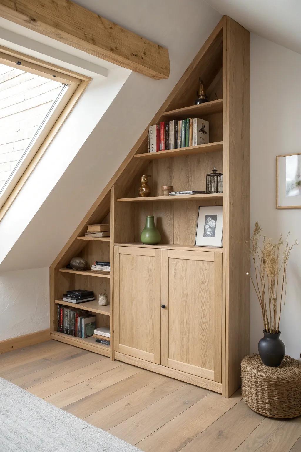 A hidden bookcase door in light oak—minimal on the outside, secret storage inside.