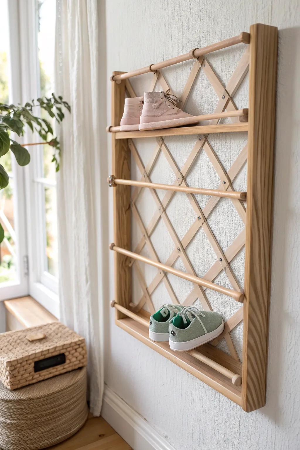 Elastic lattice oak frame—an easy, beautiful wall rack that displays baby shoes like art.