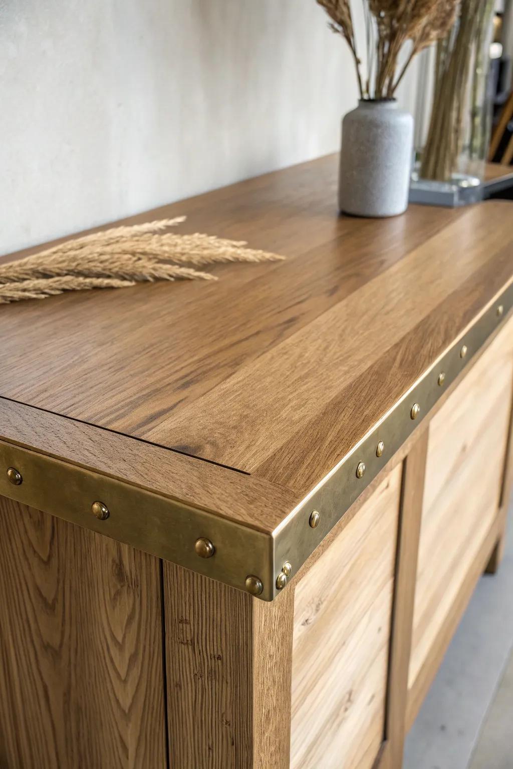 Crisp metal-wrapped edge adds a tailored line and tough protection to a wood bar top.